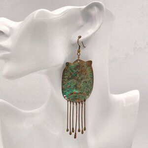 Vintage Copper Patina Cat Tribal Hammered Boho Handmade Large Statement Earrings